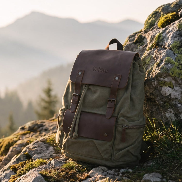 VELORA Nomad Canvas-Rucksack auf einem Felsen vor Bergpanorama