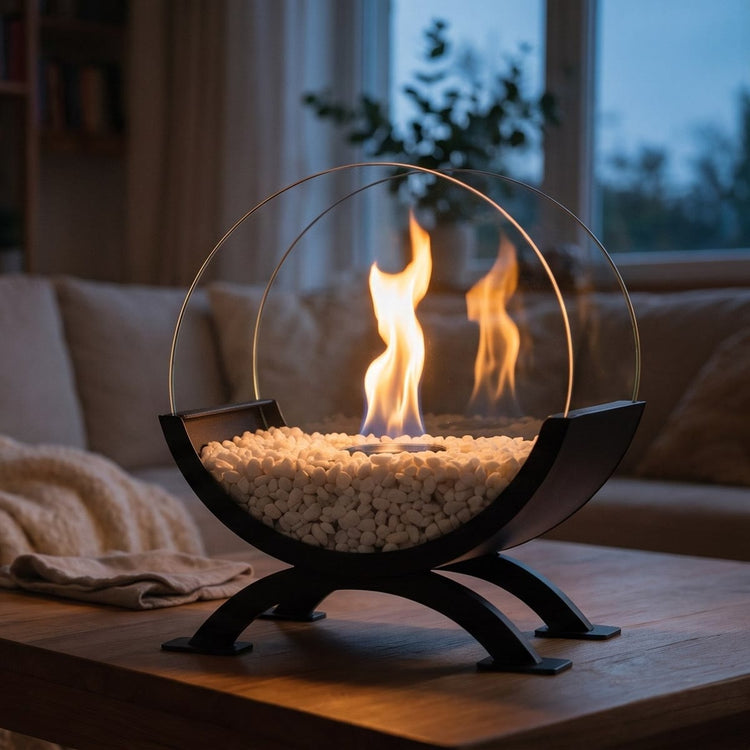 VELORA Luna Tischkamin mit brennender Flamme auf einem Holztisch im Wohnzimmer