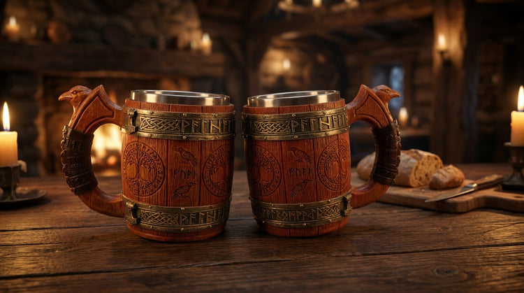 Zwei Wikinger Bierkrüge Valhalla Forge nebeneinander auf einem Tavernentisch