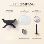 Lieferumfang VELORA Luna – Stahlkorpus, 2× Sicherheitsglas, Marmorkiesel, Edelstahlbrenner, Löschwerkzeug