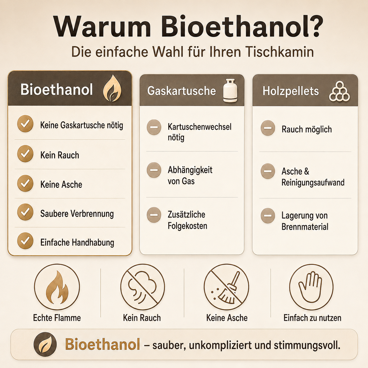 Warum Bioethanol? Vergleich mit Gaskartusche und Holzpellets