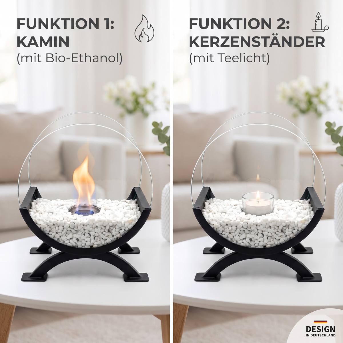 VELORA Luna Funktionen – Kamin mit Bioethanol und Kerzenständer mit Teelicht