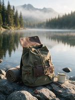 Geöffneter VELORA Nomad mit hochgeklappter Klappe und Kordelzug mit Metallösen auf Felsen am Bergsee, daneben Emaille-Tasse und gerollte Decke