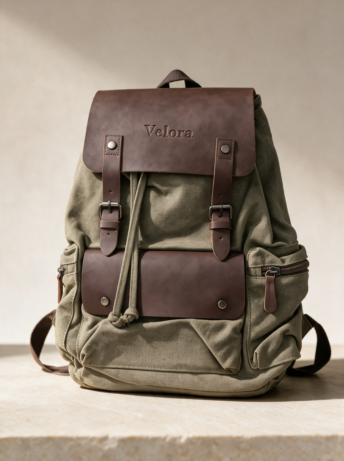 VELORA Nomad Canvas Rucksack Vintage in Olivgrün mit dunkelbrauner Kunstleder-Klappe, geprägtem Velora-Schriftzug und Dornschnallen, Frontansicht im Studio