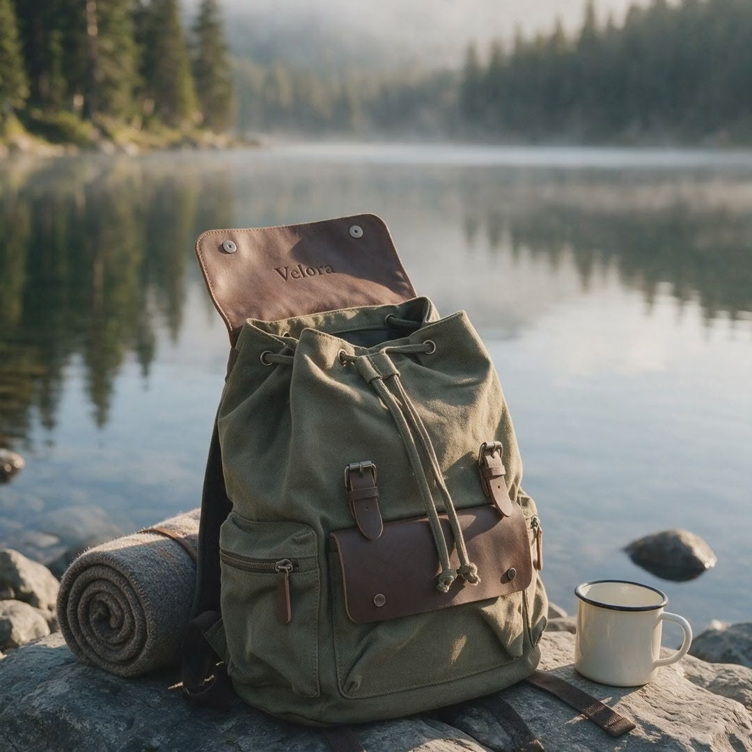 VELORA Nomad Canvas-Rucksack am Bergsee im Morgenlicht, langsame Kamerafahrt auf die Kunstleder-Klappe, mit deutschem Voiceover