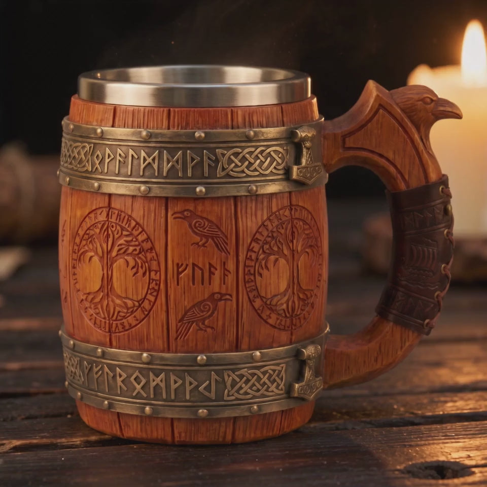 Valhalla Forge Wikinger Bierkrug Produktvideo: Kamerafahrt um den Krug bei Kerzenlicht