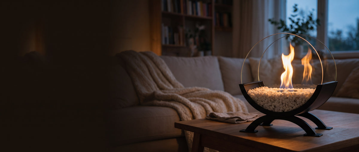 VELORA Luna Bioethanol Tischkamin brennt abends auf einem Holztisch im Wohnzimmer