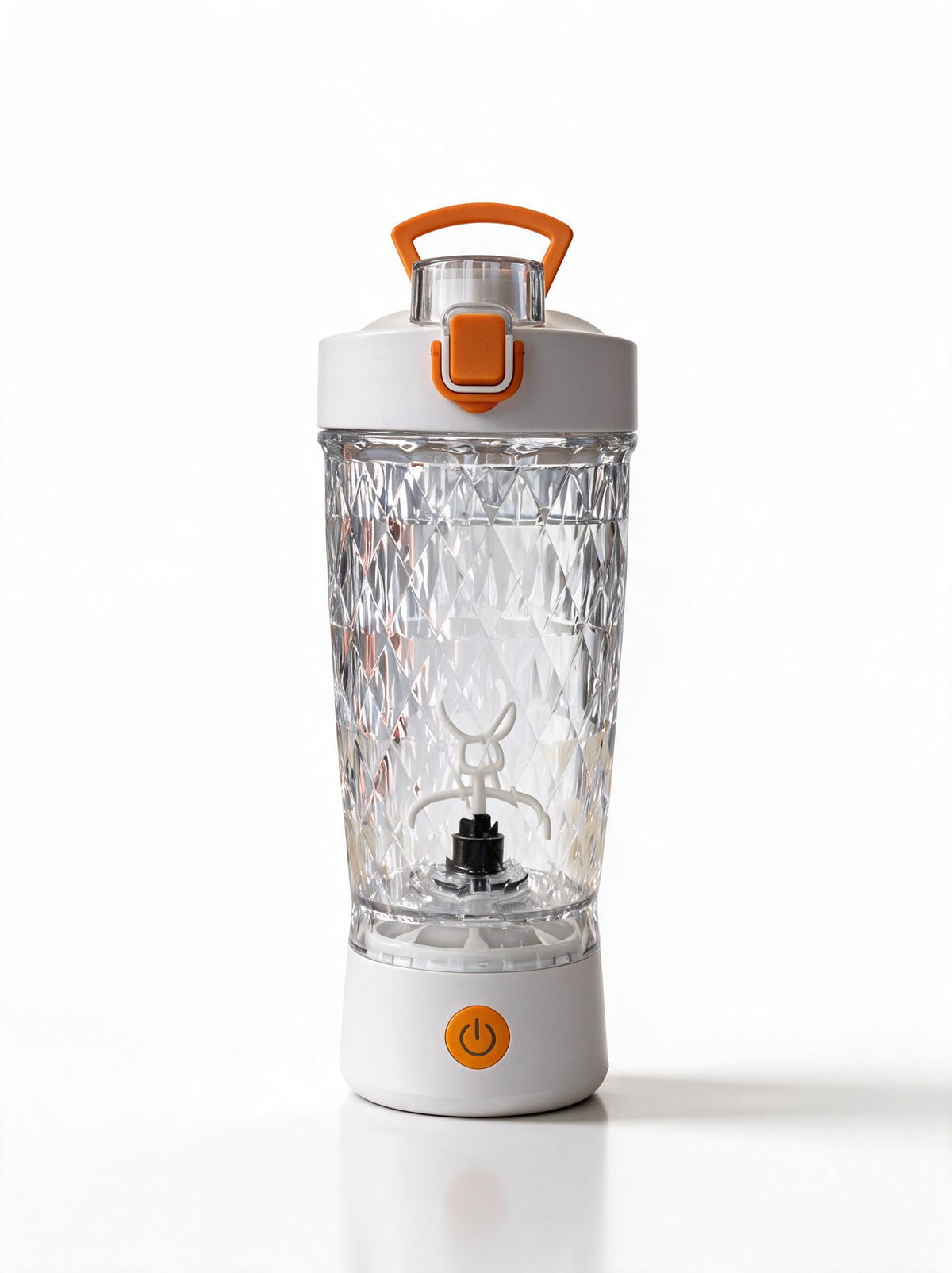 VELORA Volt elektrischer Protein Shaker mit 650 ml Tritan-Becher in Kristall-Optik, weiße Motoreinheit mit orangem Power-Knopf und Tragegriff
