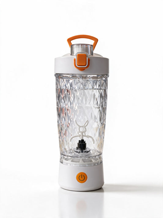 VELORA Volt elektrischer Protein Shaker mit 650 ml Tritan-Becher in Kristall-Optik, weiße Motoreinheit mit orangem Power-Knopf und Tragegriff