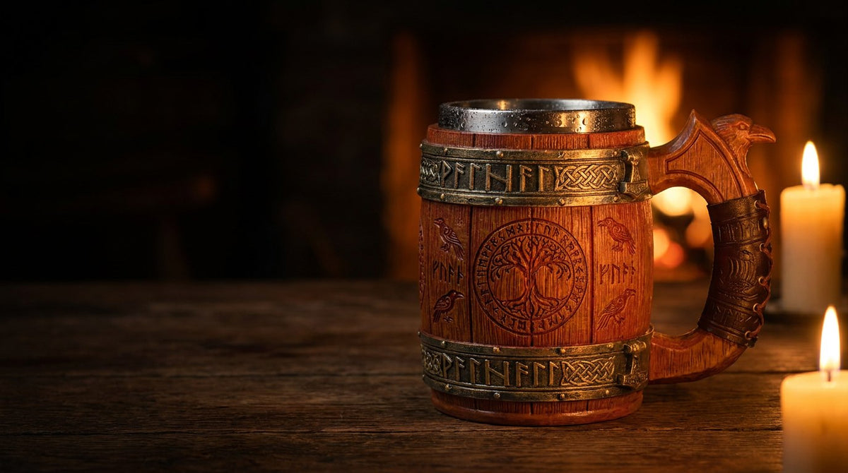 Wikinger Bierkrug Valhalla Forge auf rustikalem Holztisch bei Kerzenlicht