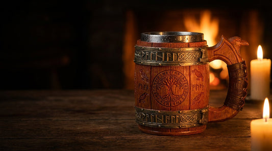 Wikinger Bierkrug Valhalla Forge auf rustikalem Holztisch bei Kerzenlicht