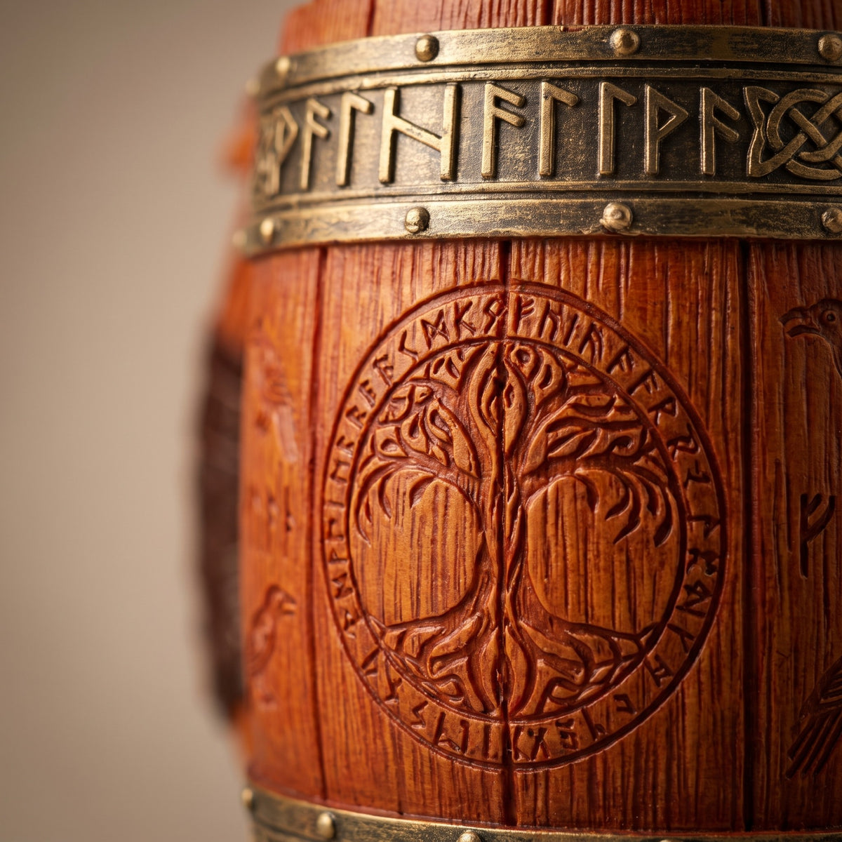 Yggdrasil-Medaillon mit Weltenbaum und Runenkreis auf dem Wikinger Bierkrug, darüber das Metallband mit Runen, Makroaufnahme